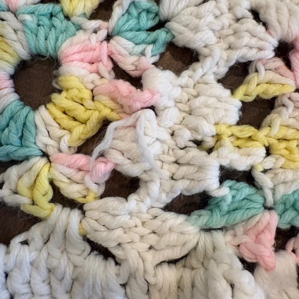 Handmade Crochet Granny Square Baby Blanket Pastel Pink Yellow Green Cream